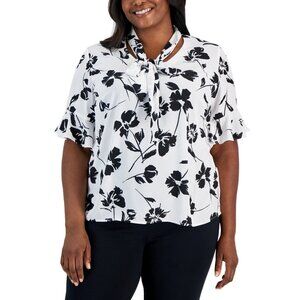 Kasper Plus Size 2X Printed Tie-Neck Flutter-Sleeve Top White Black MSRP $79
